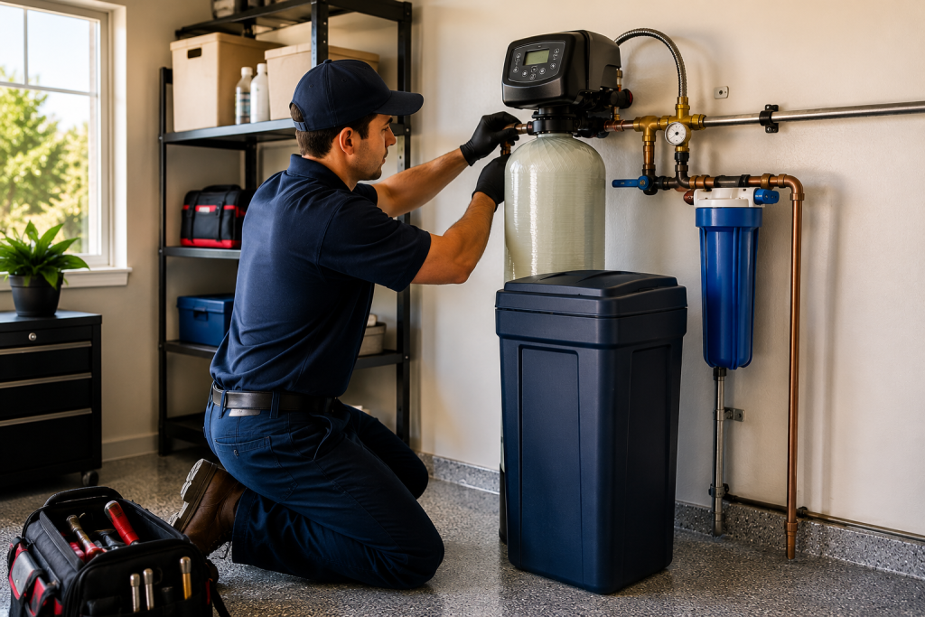 Licensed plumber installing a water softener in Queen Creek Arizona — Miracle Plumbing & AC