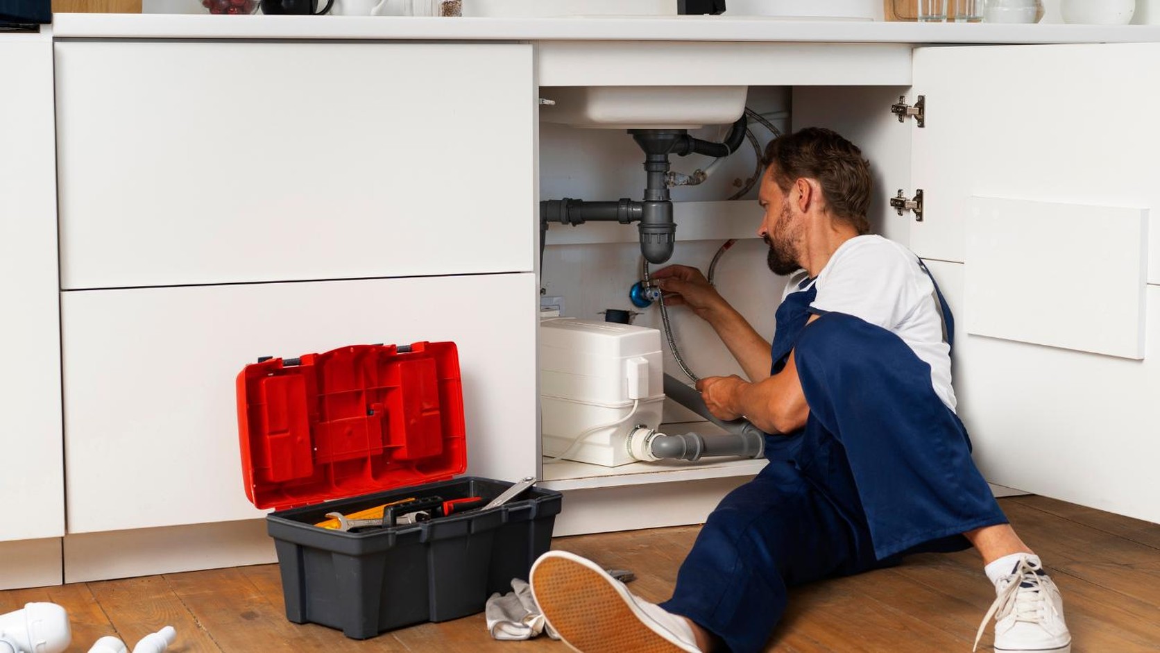Plumber clearing a clogged drain under a kitchen sink